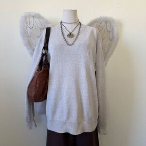 Minimal Retro‎ V Neck Sweater Beige Silk Blend Oversized Preppy Academia Retro